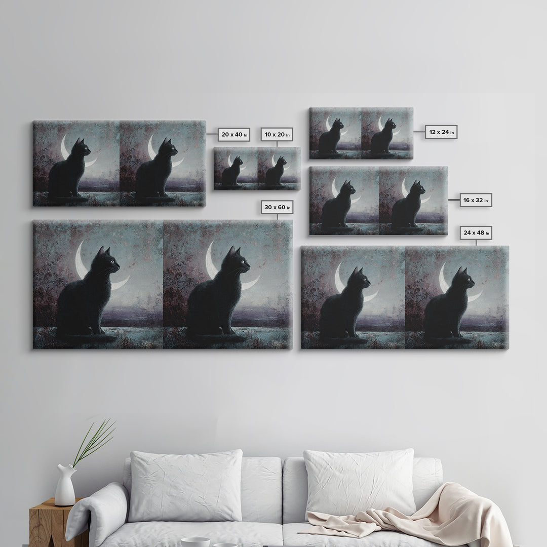 Black Cat with Glowing Eyes under Crescent Framed Canvas Print, Dark Art, Living Room Decor, Watercolor Art, Nocturne, DAR-2x1-29