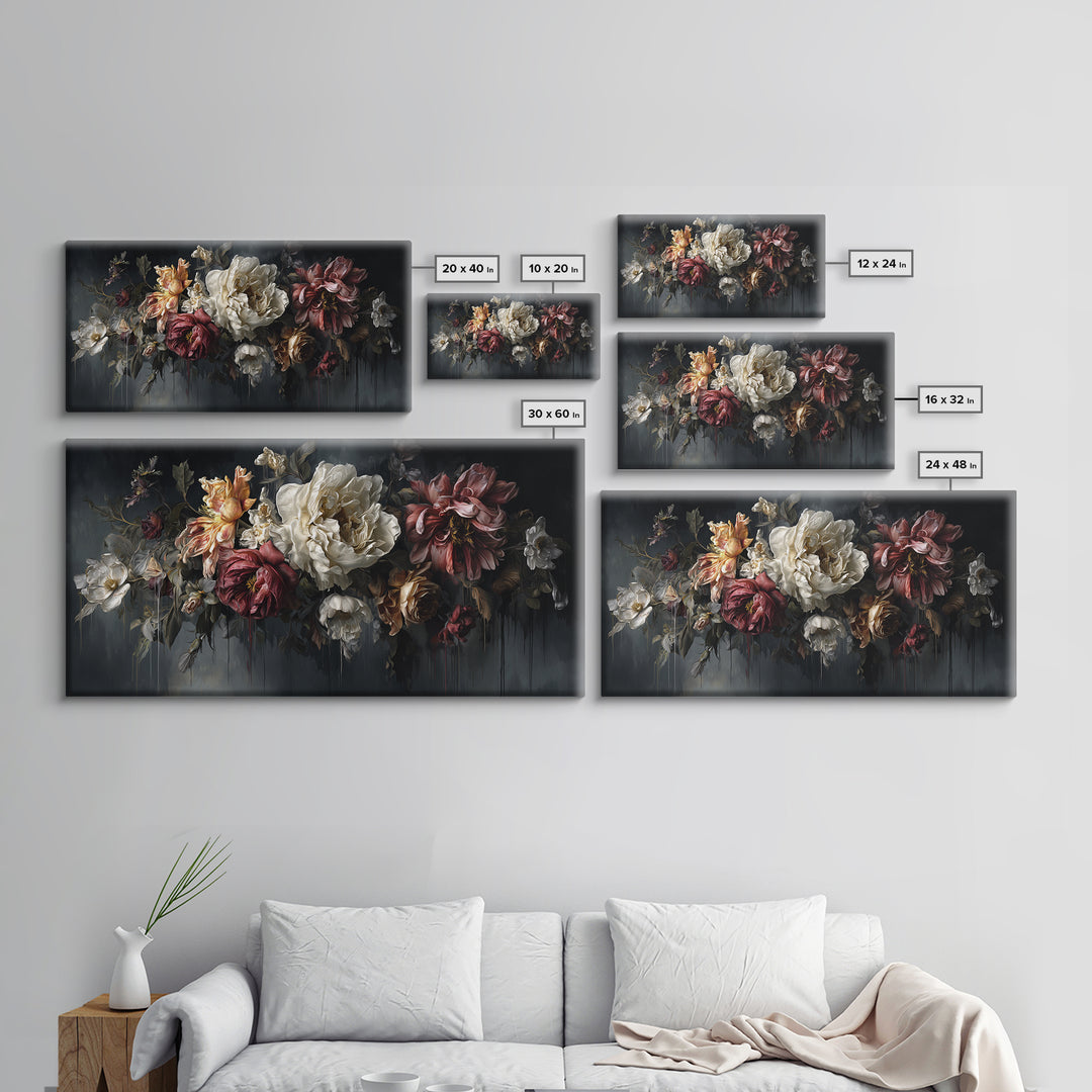 Dark Floral Bouquet Canvas Print, Dark Art, Oil Painting, Living Room Decor, Nocturne, Gothic Wall Decor, Man Cave Decor, DAR-2x1-61