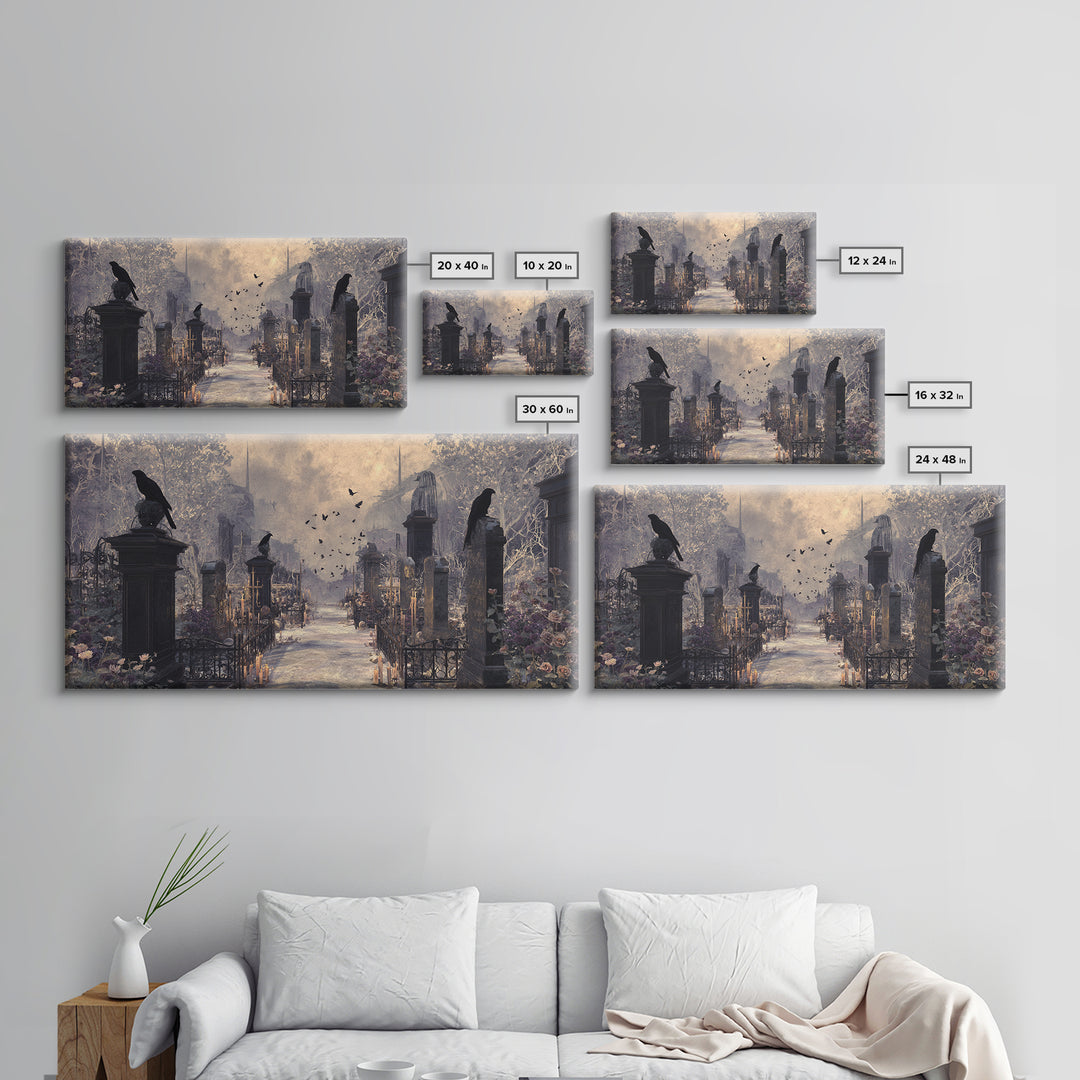 Silent Graveyard with Blue Moon Haze Canvas Print, Dark Art, Wall Art, Living Room Decor, Oil Painting, Nocturne, Original Art, DAR-2x1-62