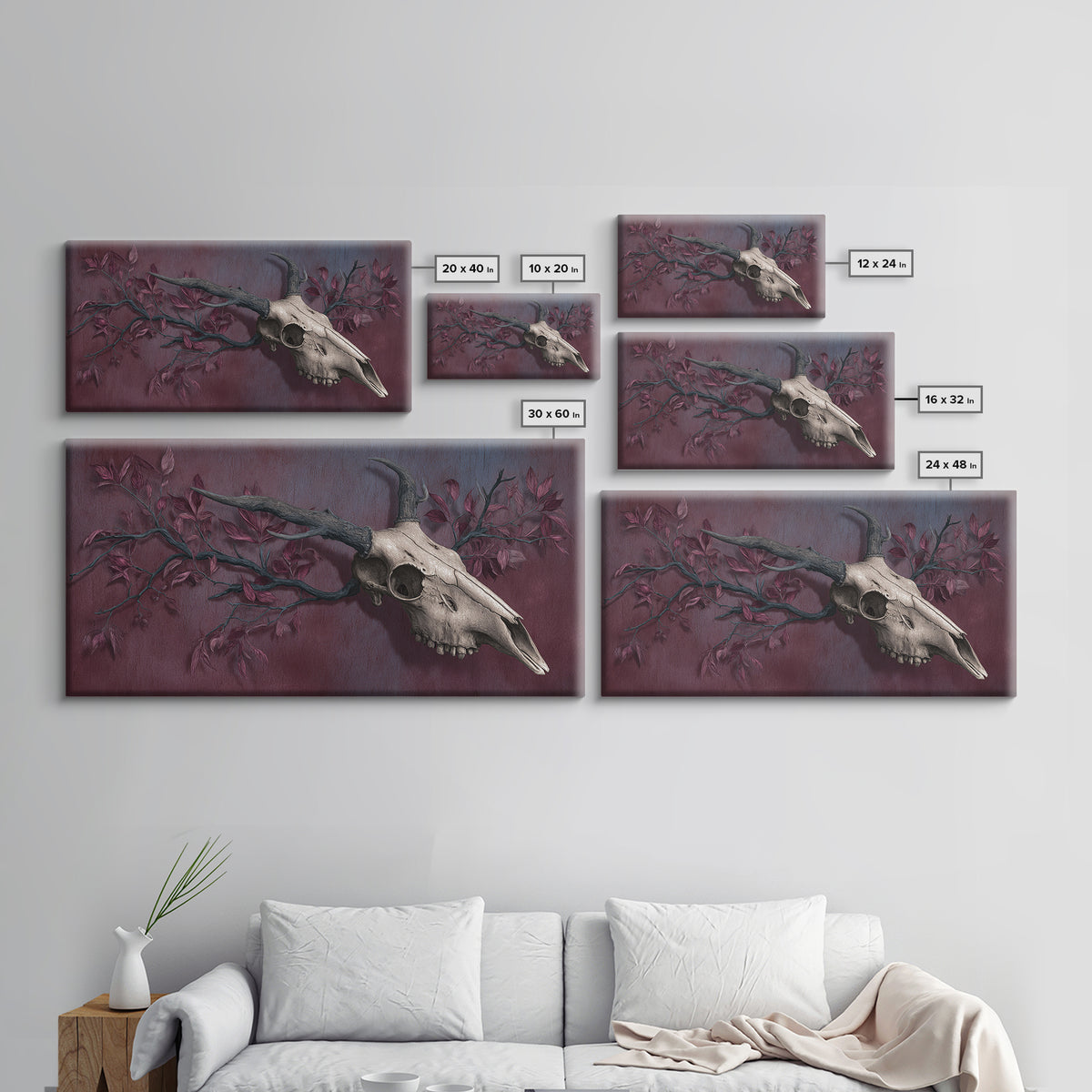 Shadowy Deer Skull Framed Canvas Print, Dark Art, Painting, Living Room Decor, Watercolor Art, Nocturne, Gothic Wall Art, DAR-2x1-7