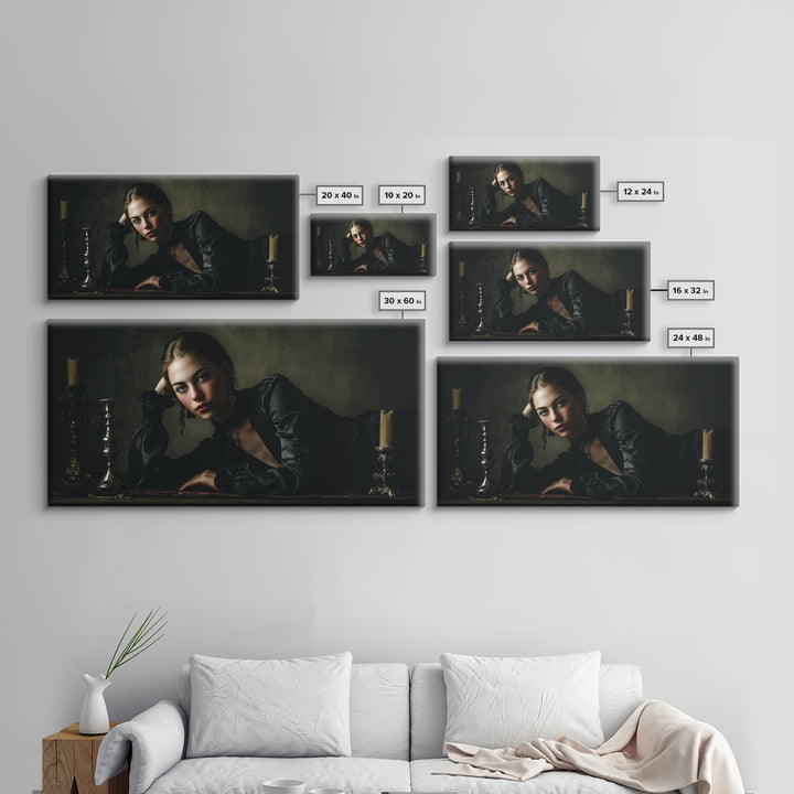 Vampire Inspired Portrait with Pale Dramatic Light Framed Canvas Print, Dark Art, Goth Decor, Living Room Decor, Nocturne, DAR-2x1-81
