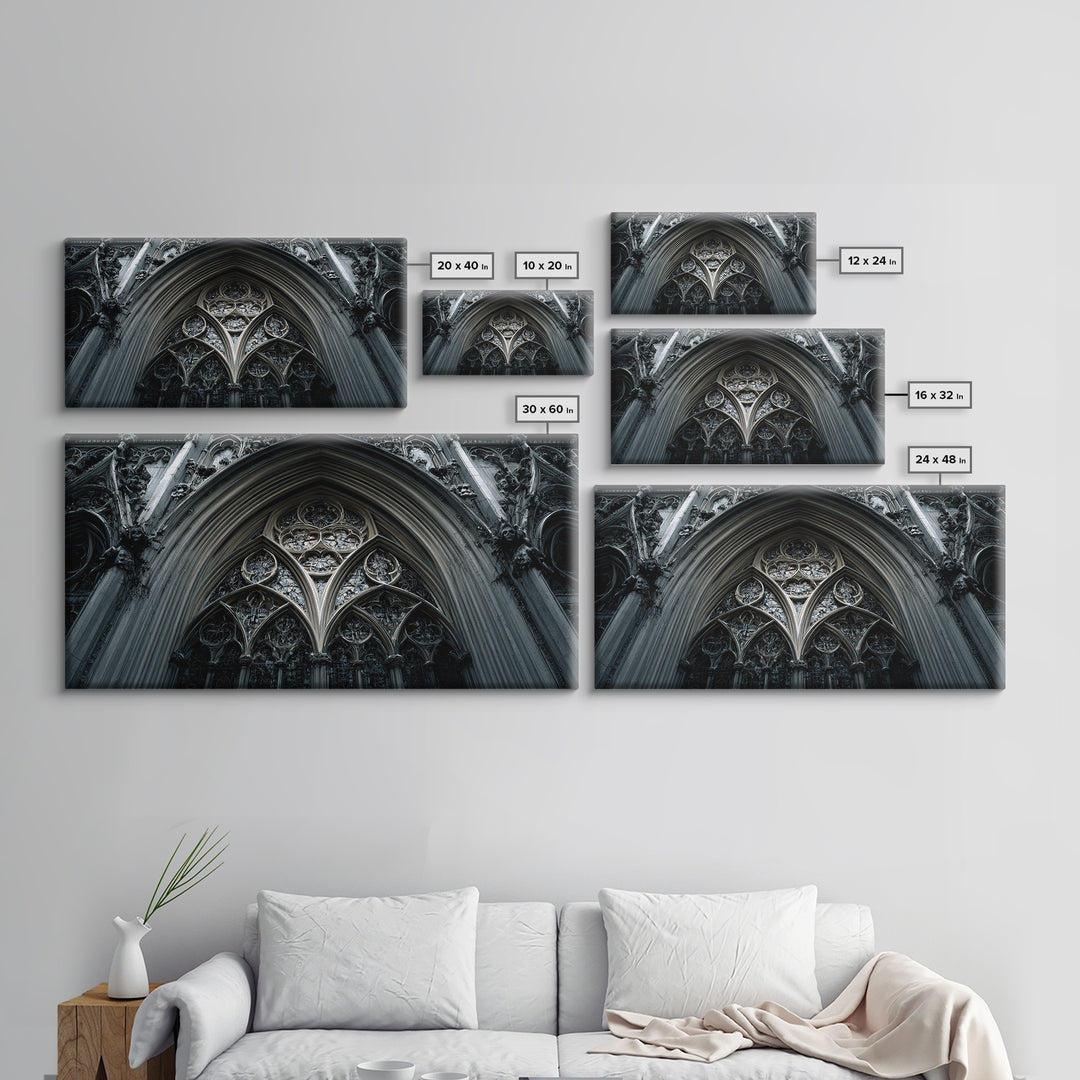 Gothic Cathedral Window Framed Canvas Print, Dark Art, Moody Wall Art, Living Room Decor, Fine Art, Nocturne, Gallery Decor, DAR-2x1-84
