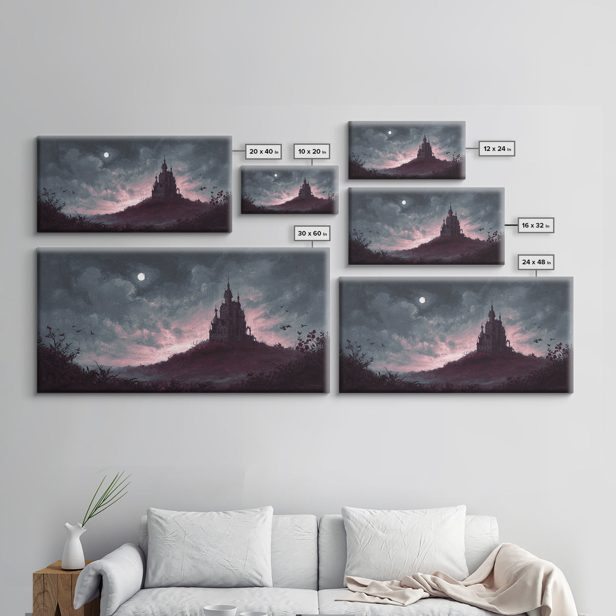 Haunted Mansion Silhouette on Distant Hill Canvas Print, Dark Art, Living Room Decor, Watercolor Art, Nocturne, DAR-2x1-98