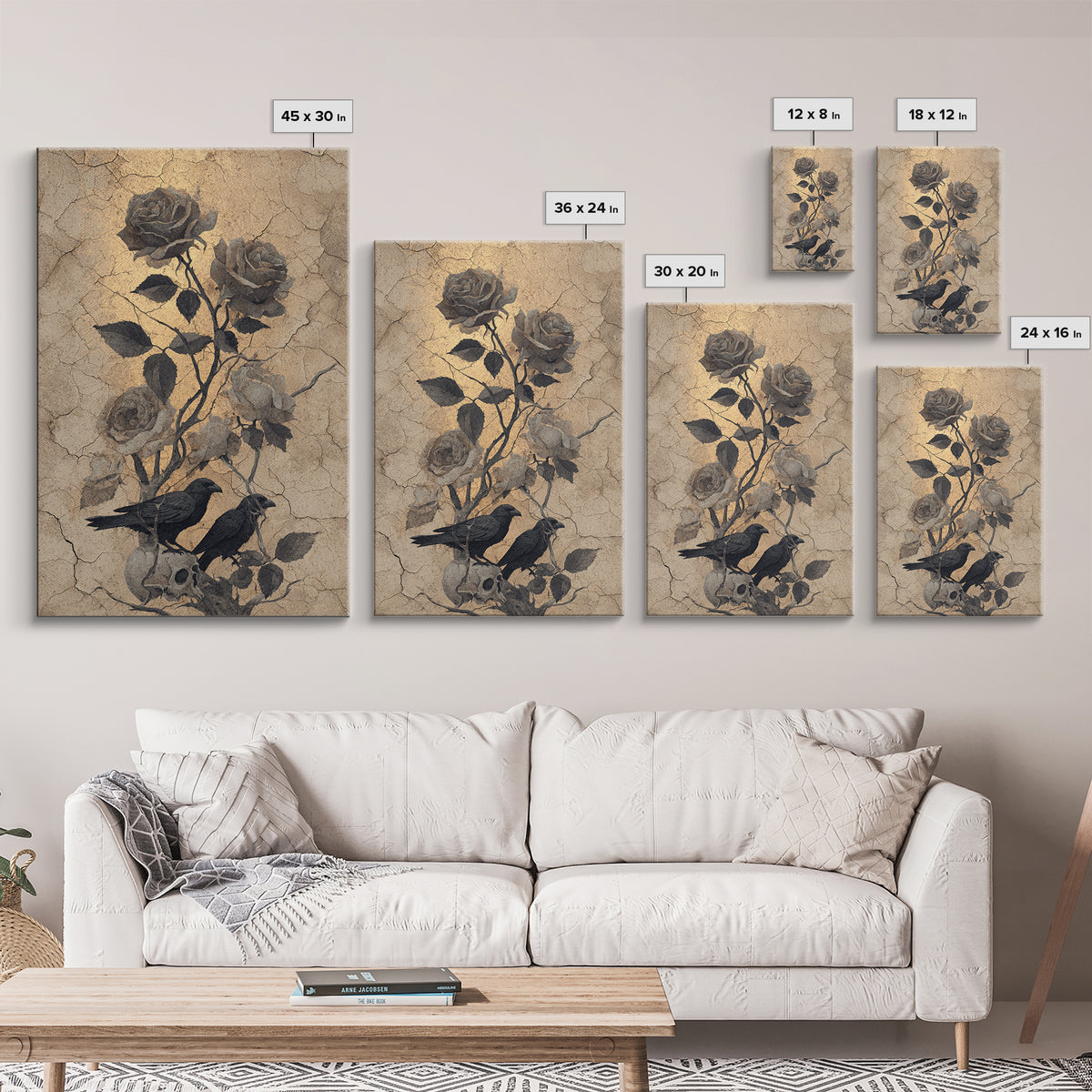 Black Roses Blooming from Cracked Stone Framed Canvas Print, Dark Art, Painting, Living Room Decor, Fine Art, Nocturne, DAR-2x3-34