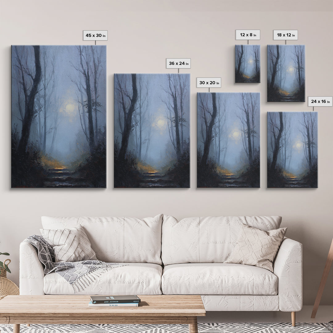 Moonlit Forest Path Canvas Print, Dark Art, Original Painting, Living Room Decor, Fine Art, Nocturne, Gothic Art, Horror Decor, DAR-2x3-35