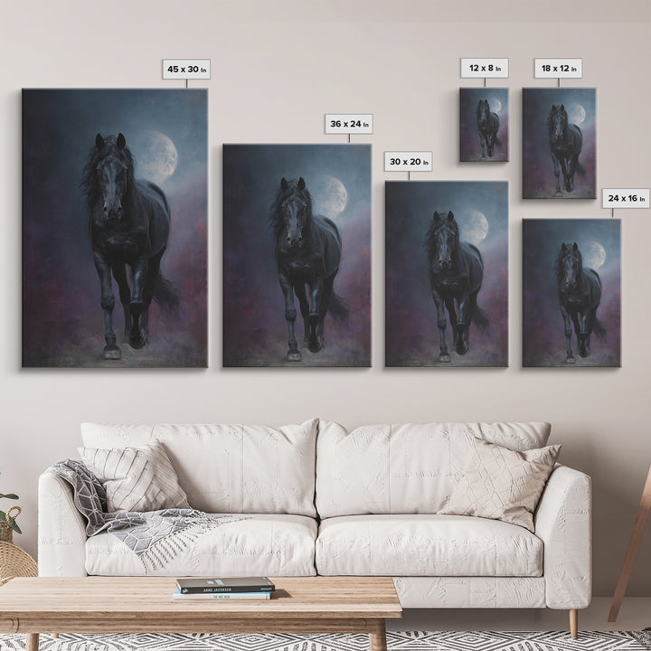 Black Horse Emerging from Smoke Framed Canvas Print, Dark Art, Living Room Decor, Oil Painting, Nocturne, Halloween Art, DAR-2x3-51