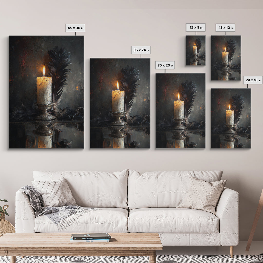 Candle Flame Reflecting Framed Canvas Print, Dark Art, Living Room Decor, Abstract Art, Nocturne, Dark Academia, DAR-2x3-56