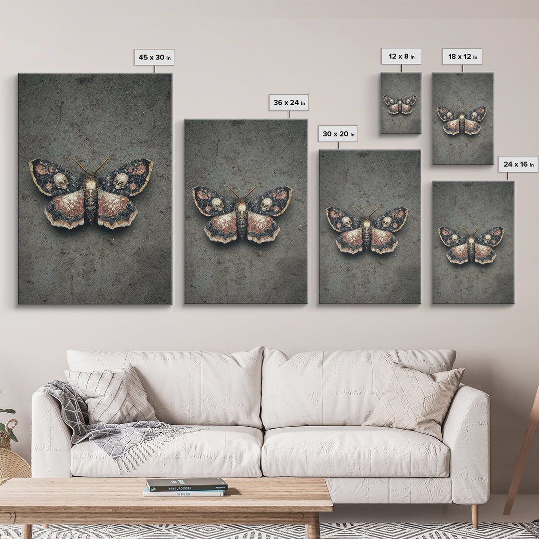 Moth with Skull Pattern on Black Ground Canvas Print, Dark Art, Gothic Wall Art, Living Room Decor, Fine Art, Nocturne, DAR-2x3-71