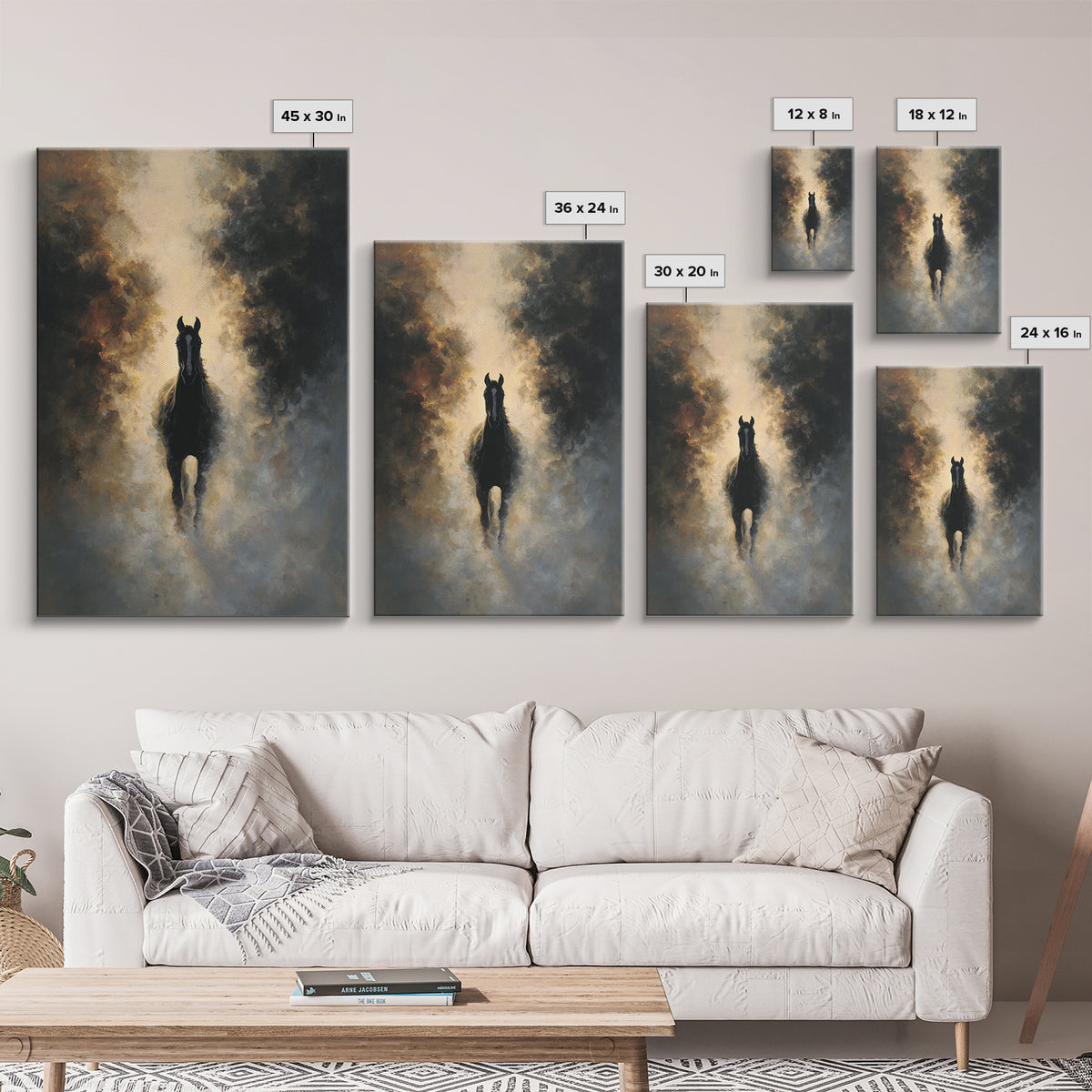 Black Horse Emerging from Smoke Framed Canvas Print, Dark Art, Moody Wall Art, Living Room Decor, Fine Art, Nocturne, DAR-2x3-75
