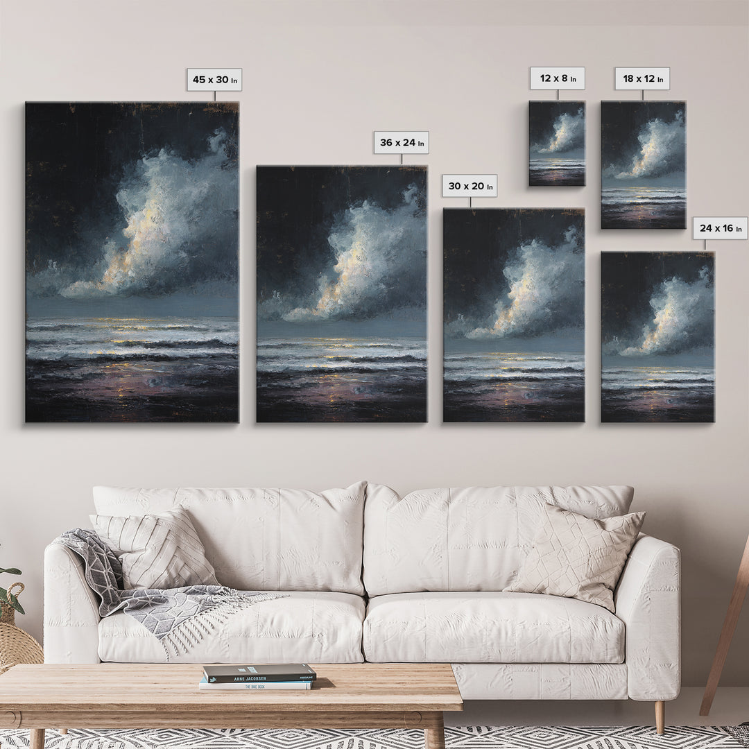 Stormy Sea under a Nearly Black Sky Framed Canvas Print, Dark Art, Horror Decor, Living Room Decor, Fine Art, Nocturne, DAR-2x3-85