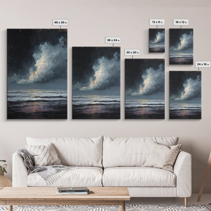 Stormy Sea under a Nearly Black Sky Framed Canvas Print, Dark Art, Horror Decor, Living Room Decor, Fine Art, Nocturne, DAR-2x3-85
