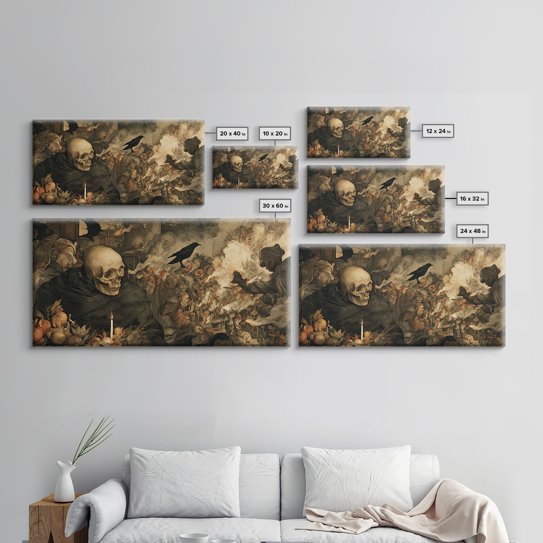 The Talking Skull, Northern Renaissance Horror, Wide Panoramic Art, Dark Halloween Decor, Framed Canvas Print, Halloween Wall Art