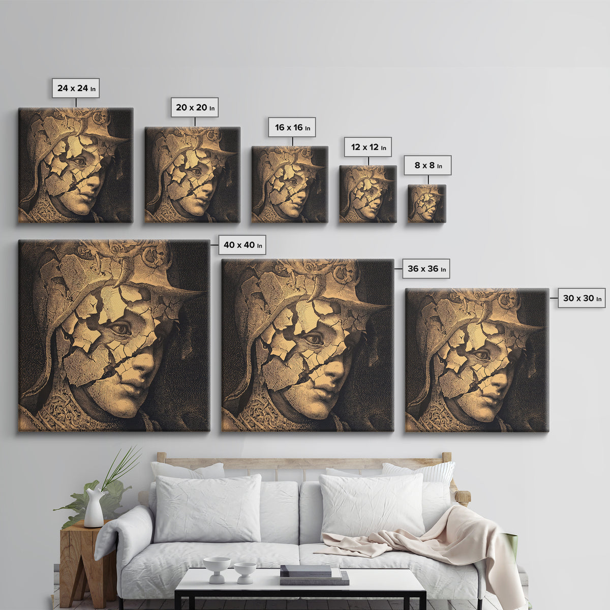 The Cracked Porcelain Mask, Renaissance Engraving Art, Square Wall Art, Dark Halloween Decor, Canvas Print, Halloween Wall Art