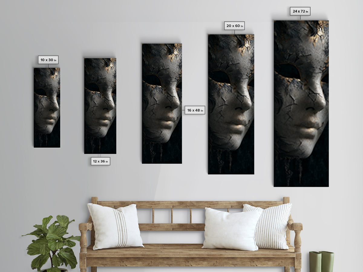The Cracked Porcelain Mask, Architectural Etching Art, Tall Narrow Wall Art, Macabre Wall Art, Framed Canvas Print