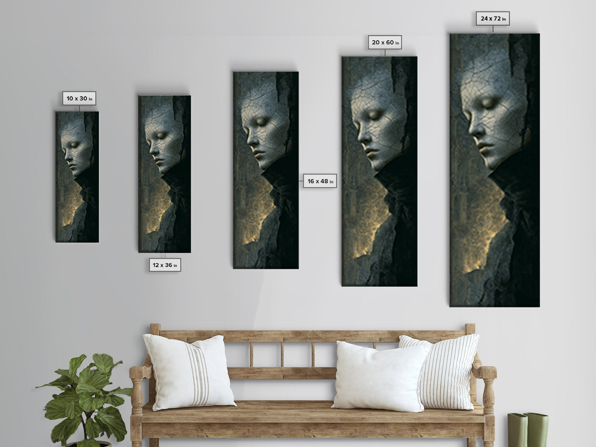 The Cracked Porcelain Mask, Surreal Apocalyptic Art, Tall Narrow Wall Art, Macabre Wall Art, Framed Canvas Print, Halloween Wall Art