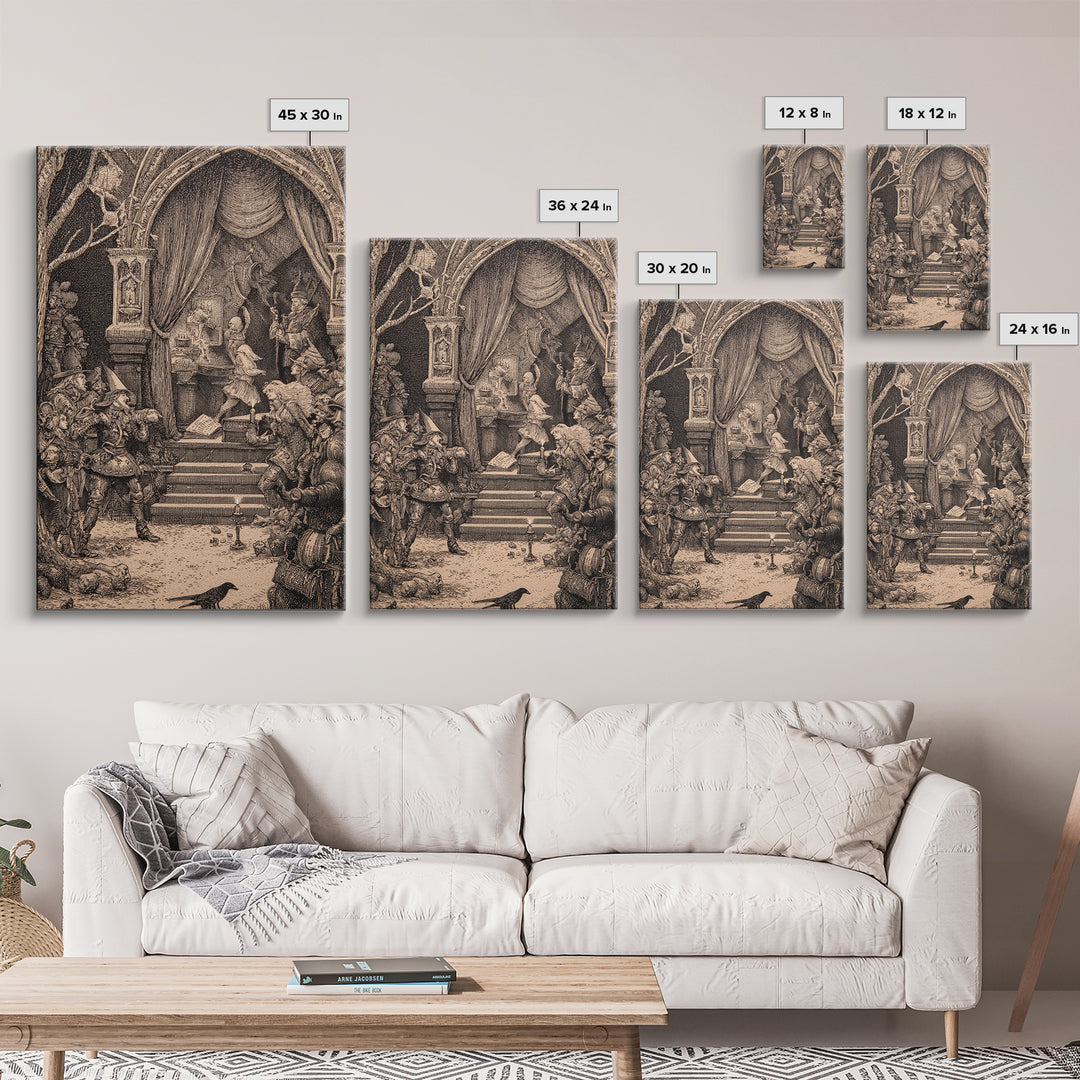 The Haunted Music Box, Renaissance Engraving Art, Vertical Wall Art, Macabre Wall Art, Framed Canvas Print, Halloween Wall Art