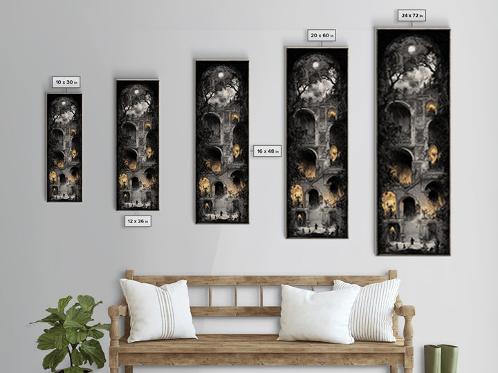 The Haunted Music Box, Architectural Etching Art, Tall Narrow Wall Art, Dark Halloween Decor, Canvas Print, Halloween Wall Art