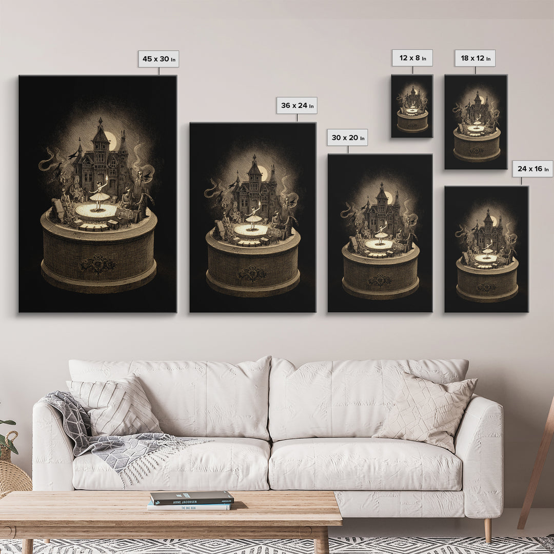 The Haunted Music Box, Victorian Macabre Art, Vertical Wall Art, Macabre Wall Art, Framed Canvas Print, Halloween Wall Art