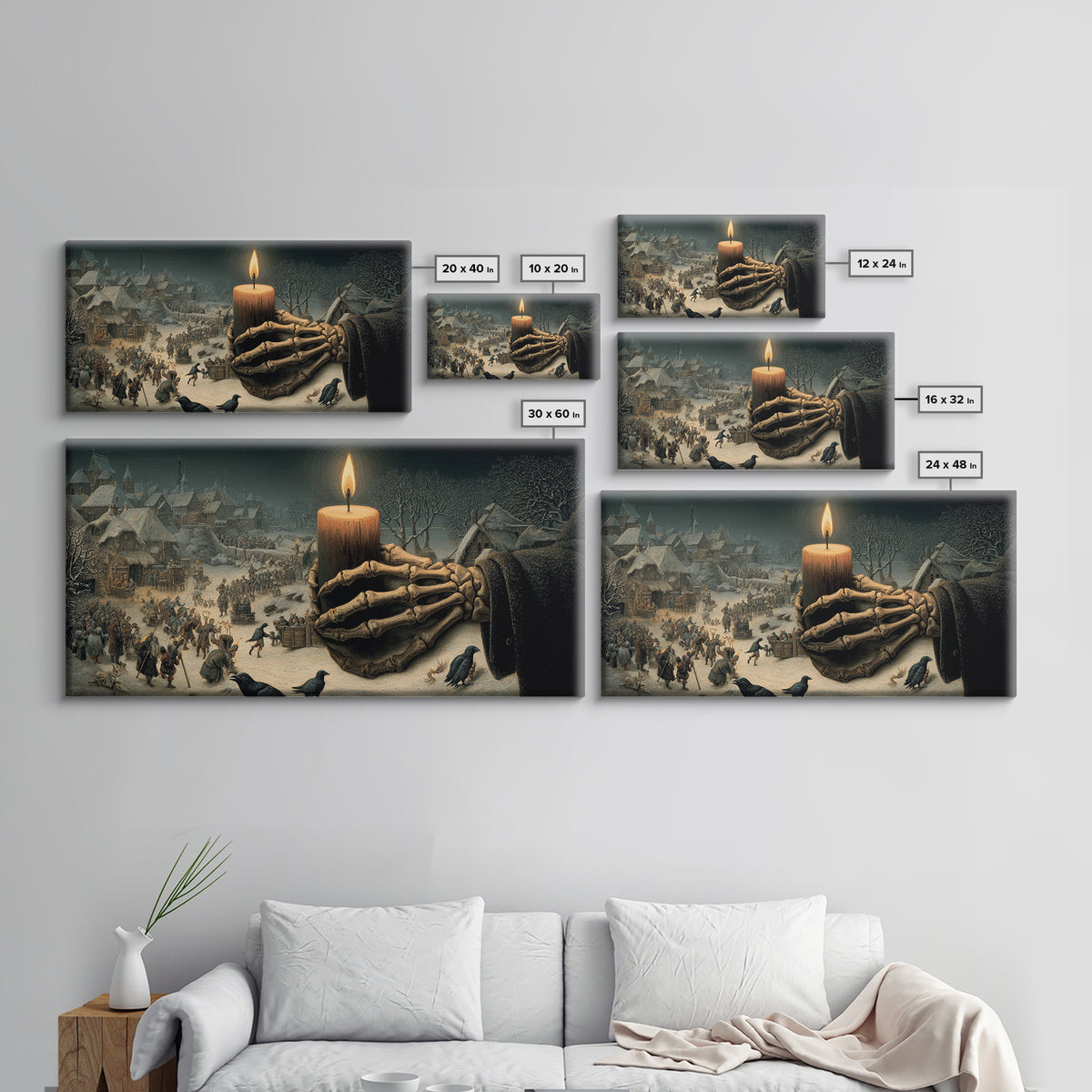 The Skeletal Hand Candleholder, Northern Renaissance Horror, Wide Panoramic Art, Dark Fantasy Wall Art, Framed Canvas Print