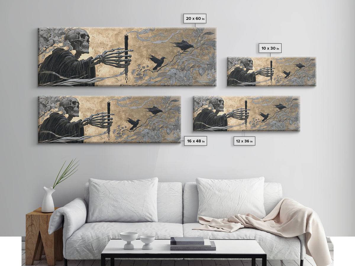 The Skeletal Hand Candleholder, Symbolist Death Art, Extra Wide Wall Art, Gothic Horror Wall Art, Canvas Print, Halloween Wall Art