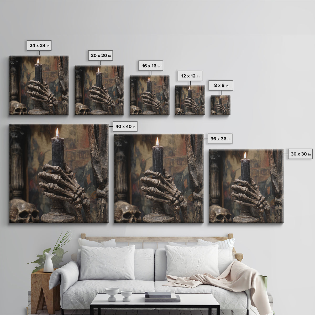 The Skeletal Hand Candleholder, Grotesque Carnival Art, Square Wall Art, Dark Halloween Decor, Canvas Print, Halloween Wall Art