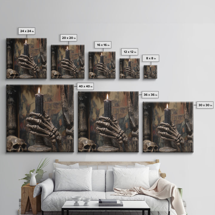The Skeletal Hand Candleholder, Grotesque Carnival Art, Square Wall Art, Dark Halloween Decor, Canvas Print, Halloween Wall Art