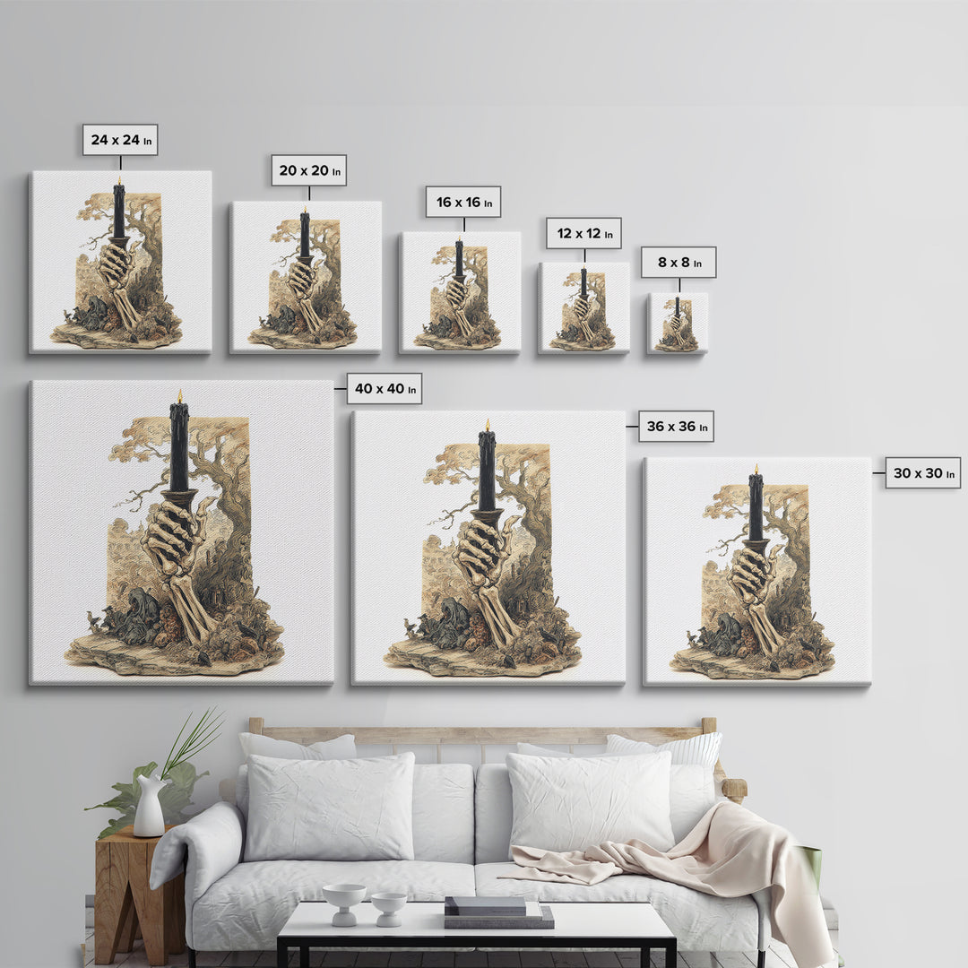 The Skeletal Hand Candleholder, Gothic Storybook Art, Square Wall Art, Macabre Wall Art, Canvas Print, Halloween Wall Art