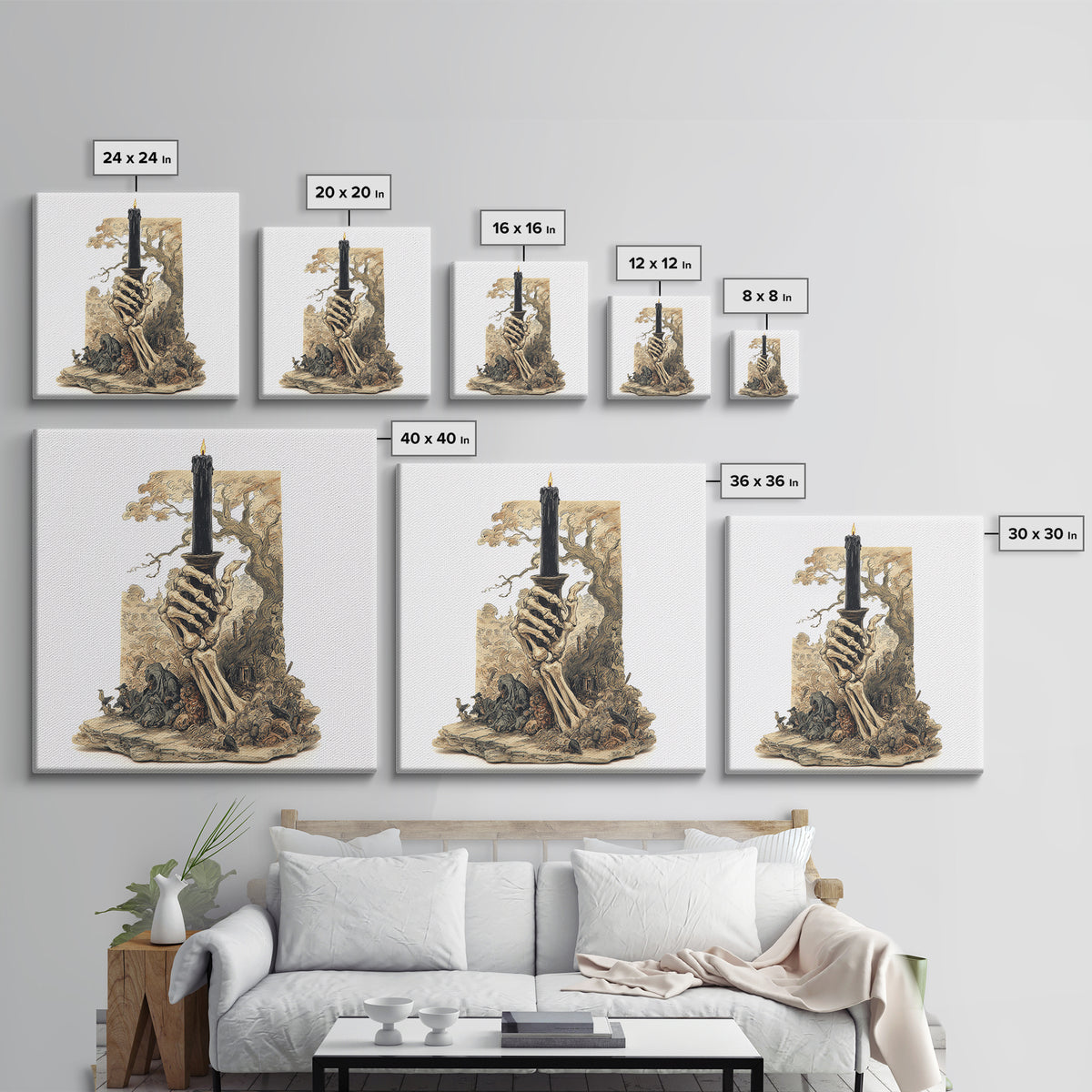 The Skeletal Hand Candleholder, Gothic Storybook Art, Square Wall Art, Macabre Wall Art, Canvas Print, Halloween Wall Art