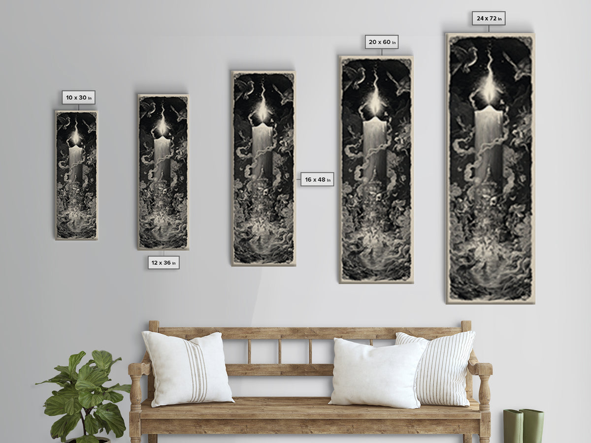 The Black Wax Candle, Gothic Engraving Art, Tall Narrow Wall Art, Dark Fantasy Wall Art, Canvas Print, Halloween Wall Art