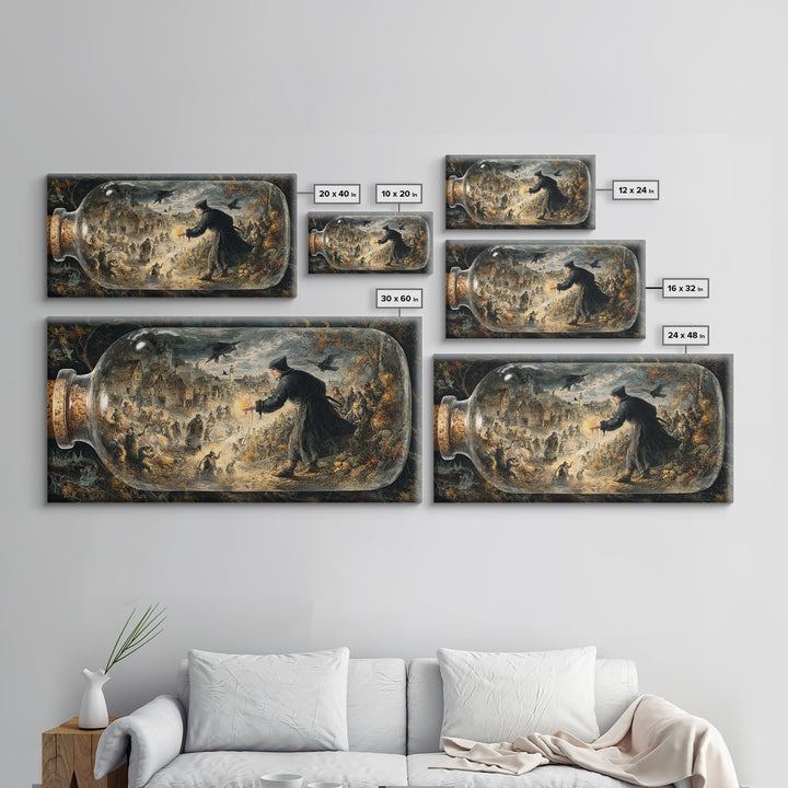 The Bottled Ghost, Northern Renaissance Horror, Wide Panoramic Art, Macabre Wall Art, Framed Canvas Print, Halloween Wall Art