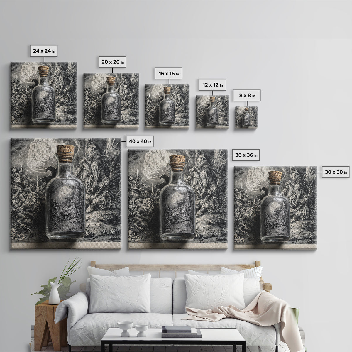 The Bottled Ghost, Renaissance Engraving Art, Square Wall Art, Dark Fantasy Wall Art, Framed Canvas Print, Halloween Wall Art