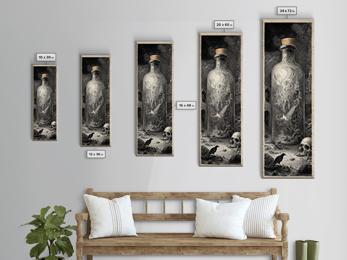 The Bottled Ghost, Architectural Etching Art, Tall Narrow Wall Art, Gothic Horror Wall Art, Canvas Print, Halloween Wall Art