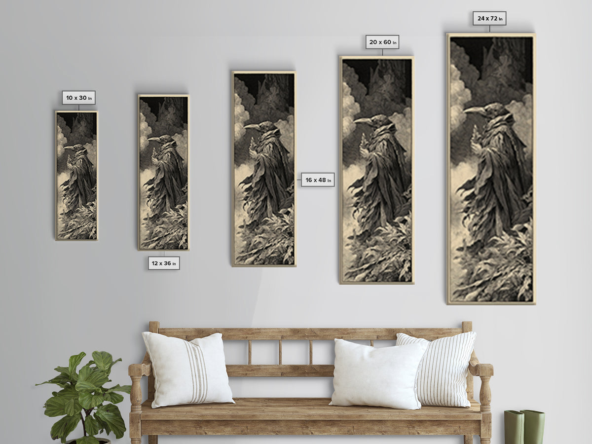 The Raven-Feather Quill, Gothic Engraving Art, Tall Narrow Wall Art, Dark Fantasy Wall Art, Framed Canvas Print, Halloween Wall Art