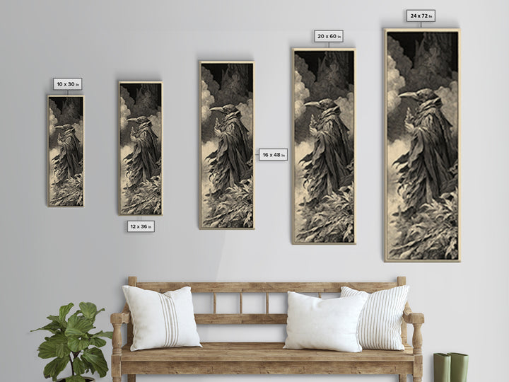 The Raven-Feather Quill, Gothic Engraving Art, Tall Narrow Wall Art, Dark Fantasy Wall Art, Framed Canvas Print, Halloween Wall Art