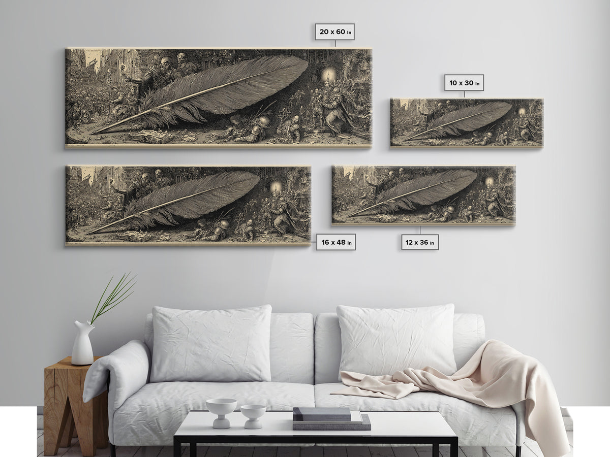 The Raven-Feather Quill, Medieval Grotesque Art, Extra Wide Wall Art, Dark Halloween Decor, Framed Canvas Print, Halloween Wall Art