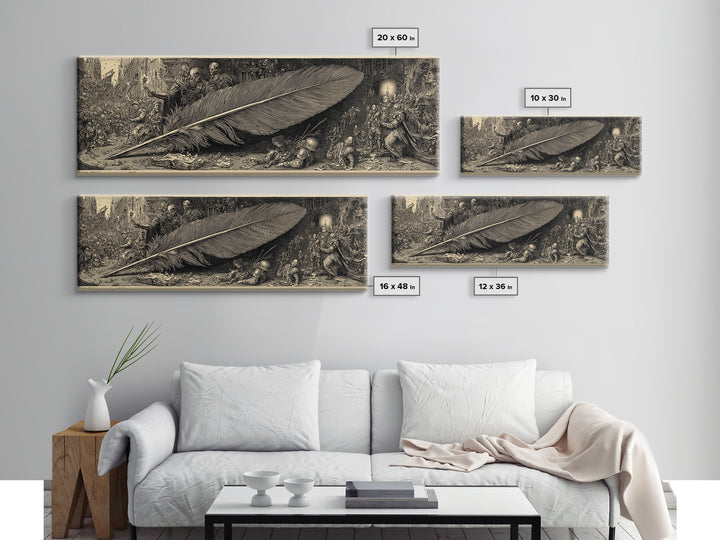 The Raven-Feather Quill, Medieval Grotesque Art, Extra Wide Wall Art, Dark Halloween Decor, Framed Canvas Print, Halloween Wall Art