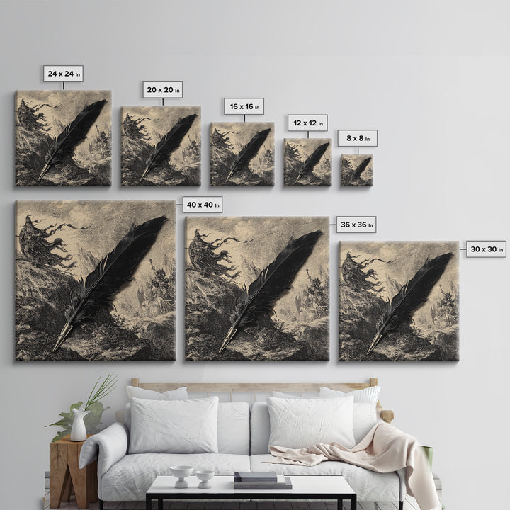 The Raven-Feather Quill, Baroque Witchcraft Art, Square Wall Art, Macabre Wall Art, Framed Canvas Print, Halloween Wall Art