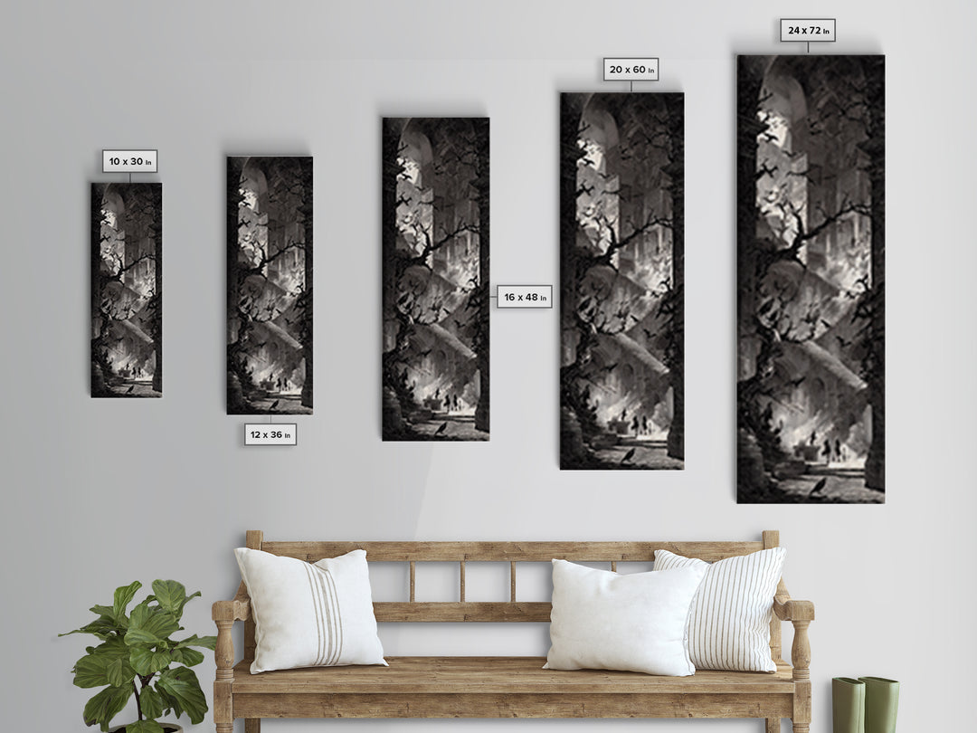 The Raven-Feather Quill, Architectural Etching Art, Tall Narrow Wall Art, Gothic Horror Wall Art, Framed Canvas Print