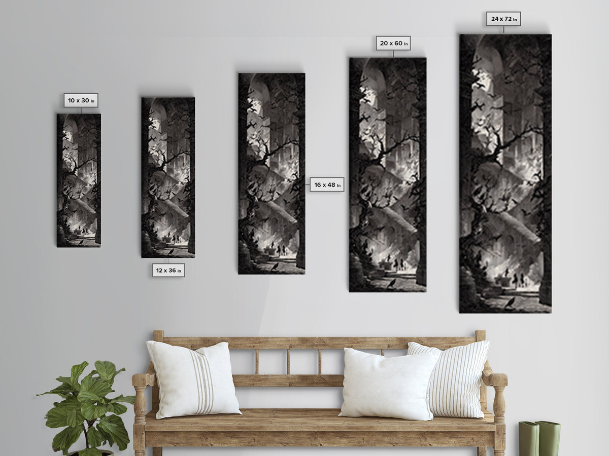 The Raven-Feather Quill, Architectural Etching Art, Tall Narrow Wall Art, Gothic Horror Wall Art, Framed Canvas Print