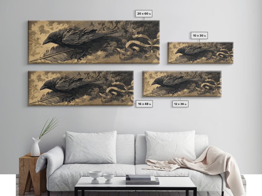 The Raven-Feather Quill, Apocalyptic Romantic Art, Extra Wide Wall Art, Dark Halloween Decor, Framed Canvas Print, Halloween Wall Art