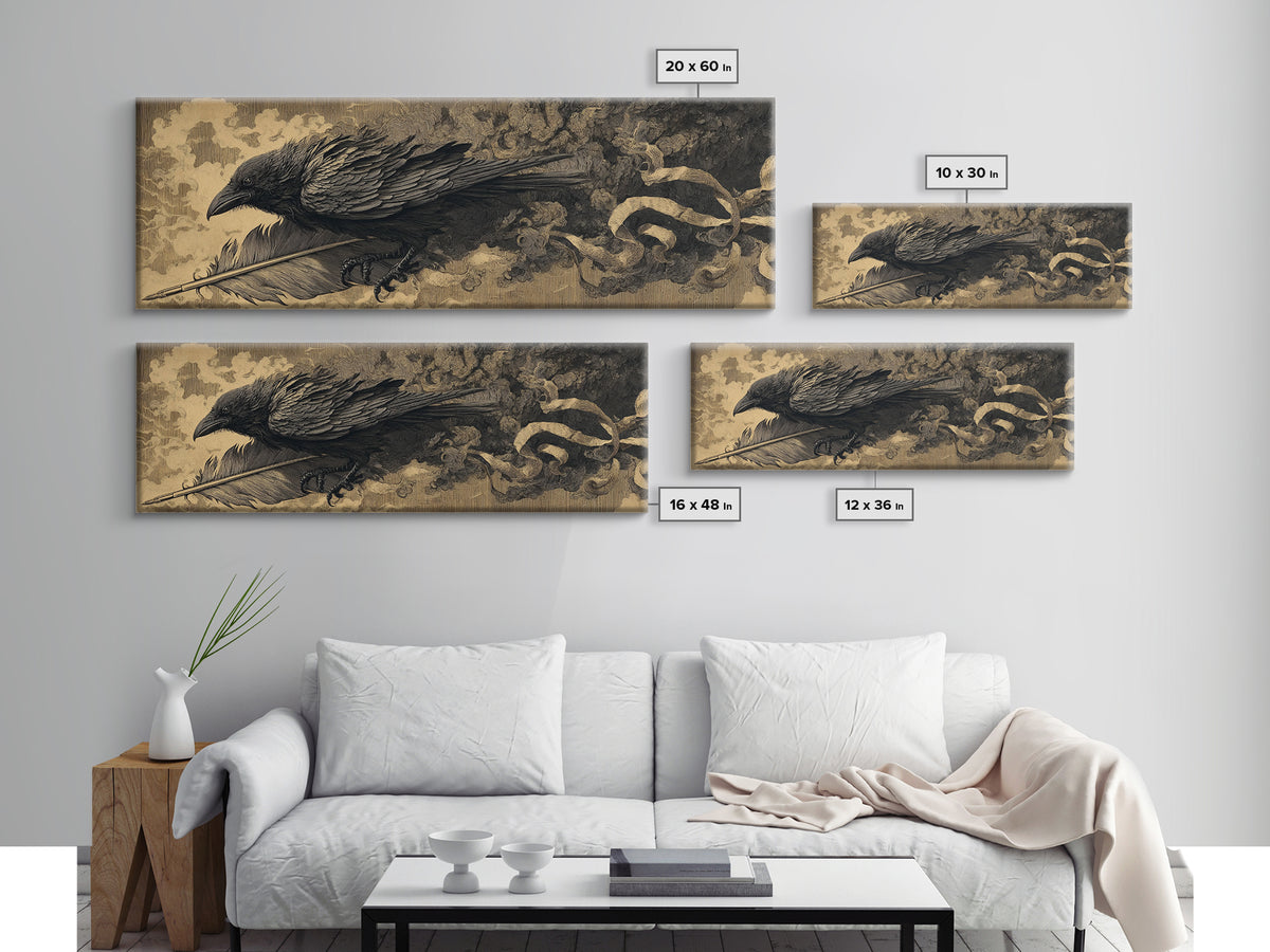 The Raven-Feather Quill, Apocalyptic Romantic Art, Extra Wide Wall Art, Dark Halloween Decor, Framed Canvas Print, Halloween Wall Art
