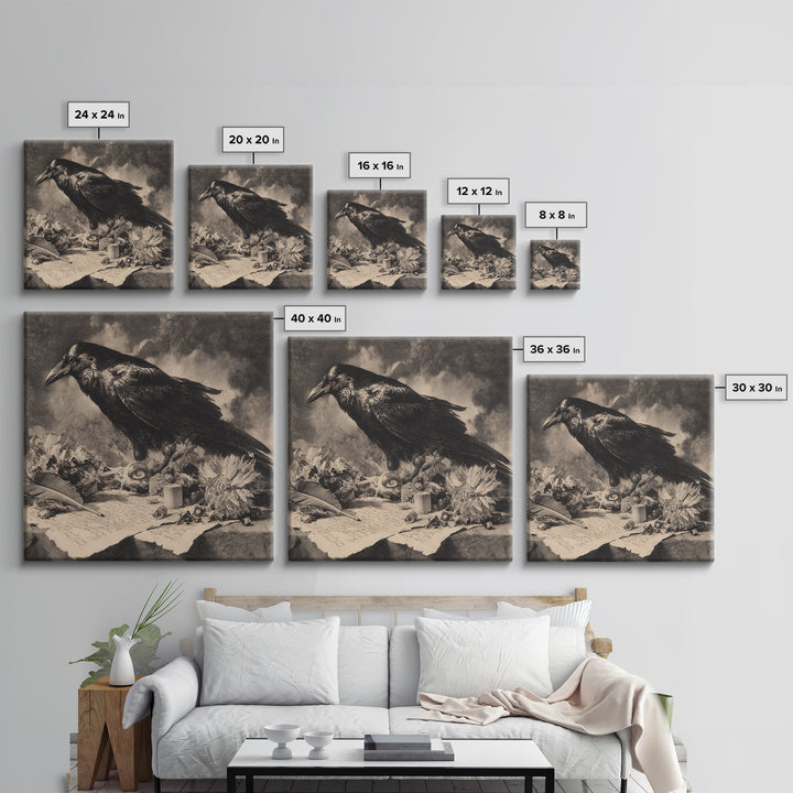 The Raven-Feather Quill, Symbolist Dream Art, Square Wall Art, Dark Halloween Decor, Framed Canvas Print, Halloween Wall Art