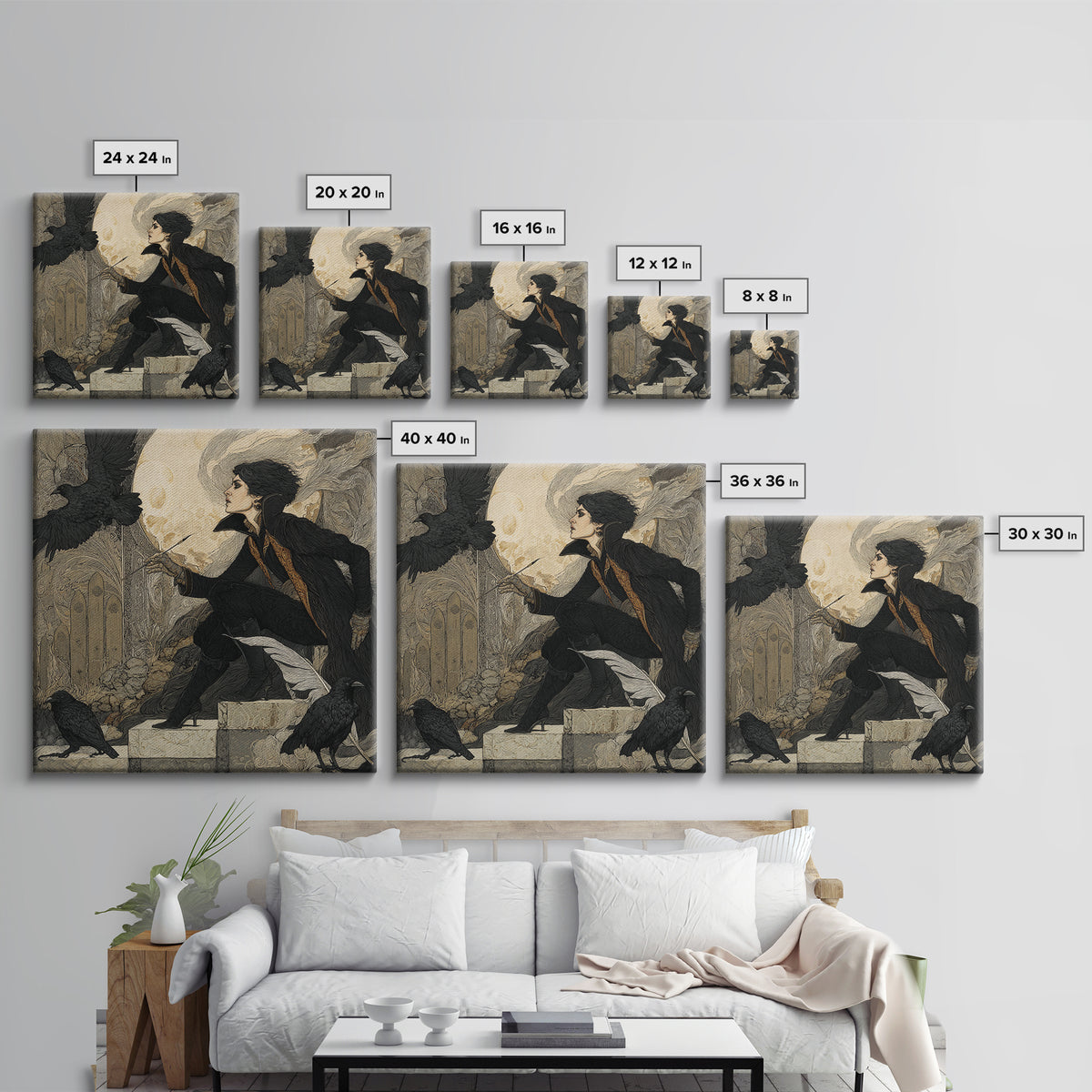 The Raven-Feather Quill, Symbolist Death Art, Square Wall Art, Gothic Horror Wall Art, Canvas Print, Halloween Wall Art