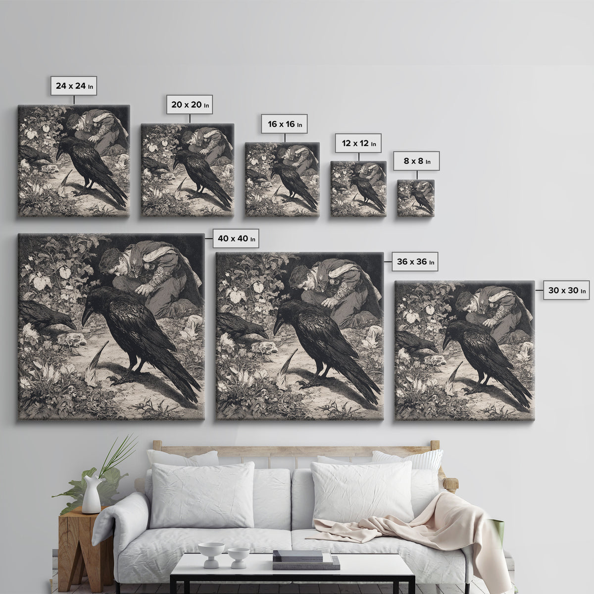 The Raven-Feather Quill, Symbolist Etching Art, Square Wall Art, Gothic Horror Wall Art, Framed Canvas Print, Halloween Wall Art