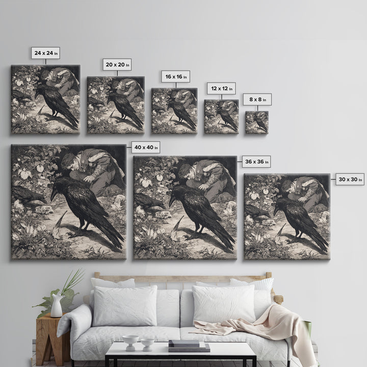 The Raven-Feather Quill, Symbolist Etching Art, Square Wall Art, Gothic Horror Wall Art, Framed Canvas Print, Halloween Wall Art