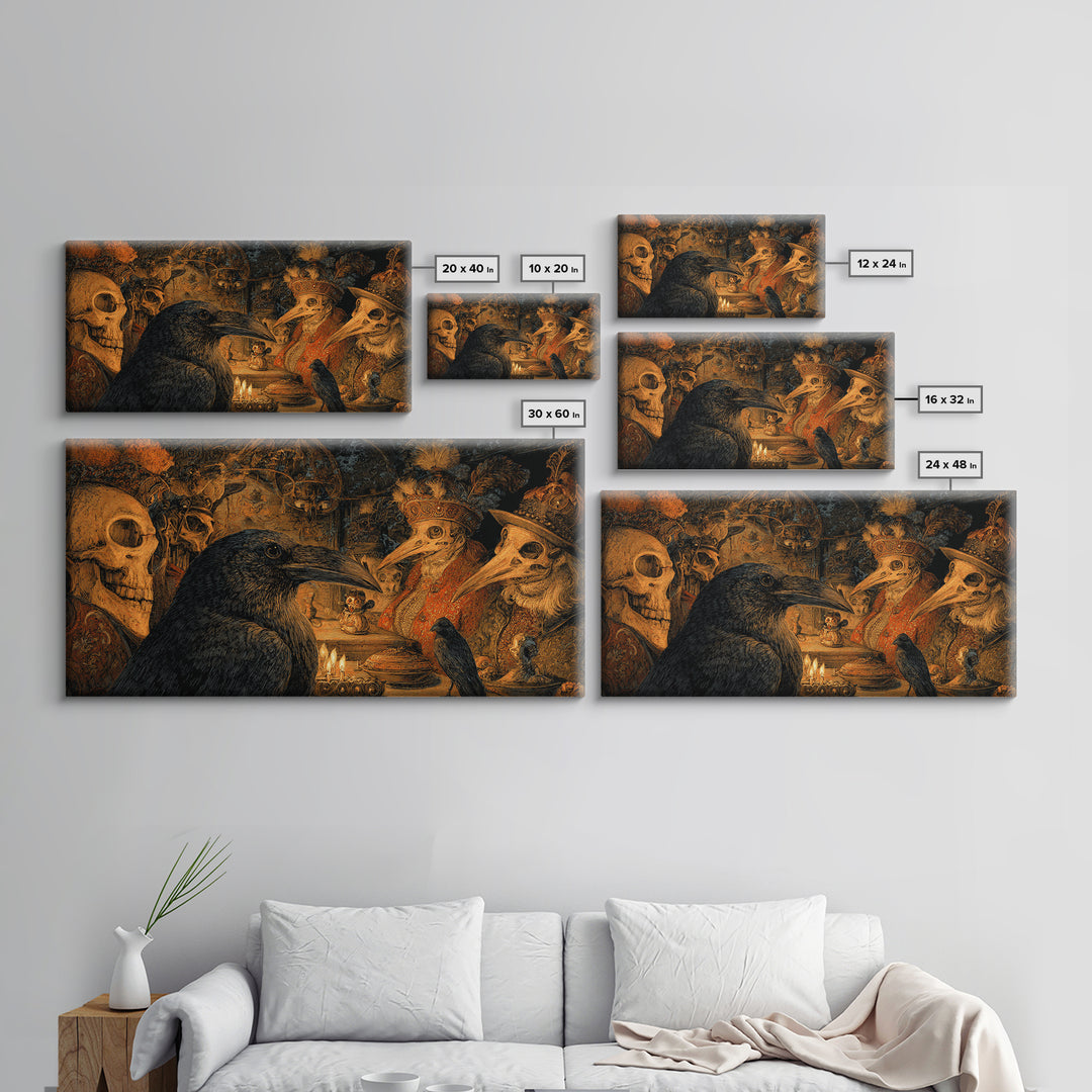 The Raven-Feather Quill, Grotesque Carnival Art, Wide Panoramic Art, Dark Fantasy Wall Art, Framed Canvas Print, Halloween Wall Art