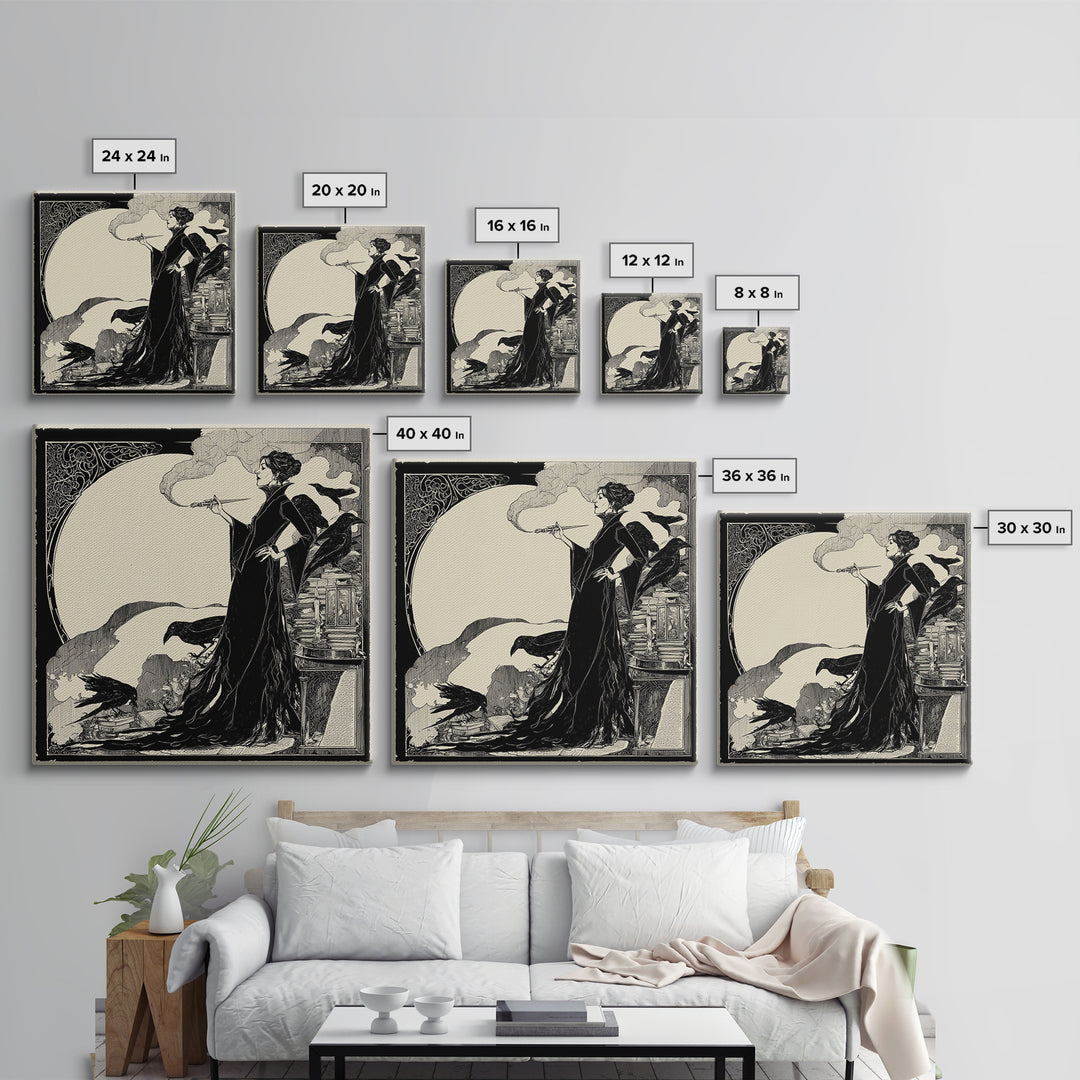 The Raven-Feather Quill, Decadent Line Art, Square Wall Art, Dark Fantasy Wall Art, Framed Canvas Print, Halloween Wall Art