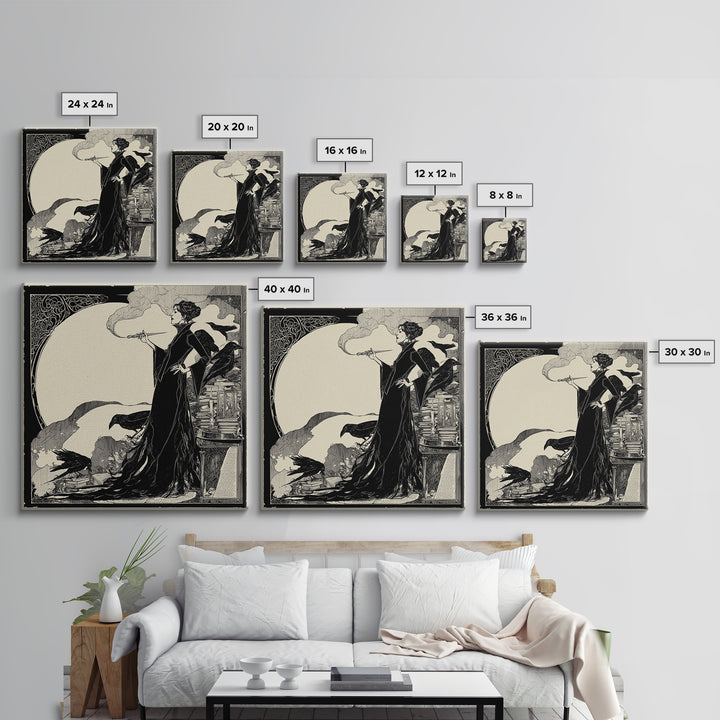 The Raven-Feather Quill, Decadent Line Art, Square Wall Art, Dark Fantasy Wall Art, Framed Canvas Print, Halloween Wall Art