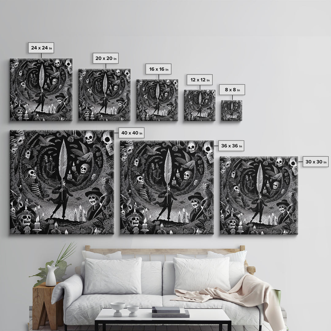 The Raven-Feather Quill, Macabre Folk Print Art, Square Wall Art, Gothic Horror Wall Art, Canvas Print, Halloween Wall Art