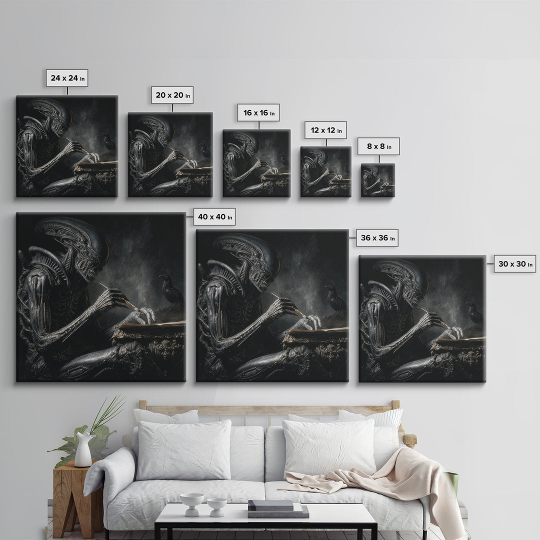 The Raven-Feather Quill, Biomechanical Horror Art, Square Wall Art, Macabre Wall Art, Canvas Print, Halloween Wall Art, Horror Wall Art